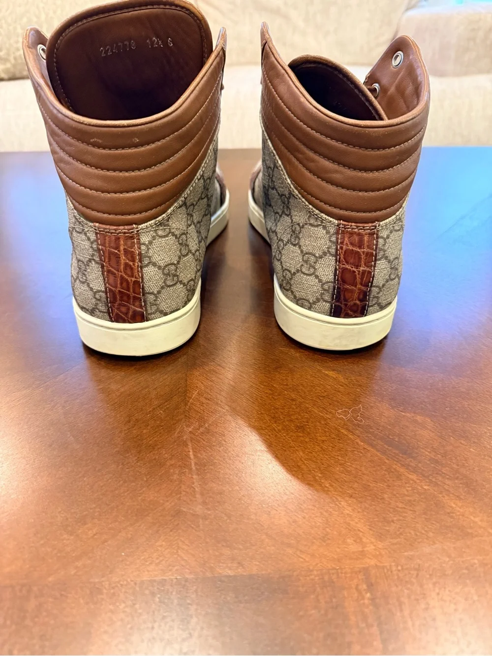 Gucci Brown & Beige High-Top Crocodile Trim GG Monogram Sneakers